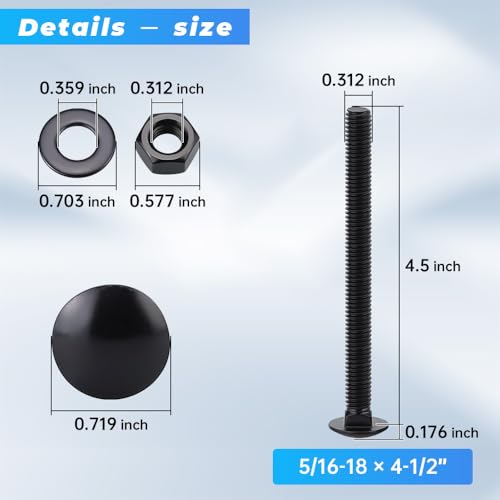 Glvaner (6 Sets) 5/16-18 x 4-1/2" Stainless Steel Carriage Bolts Screws Black and Hex Nuts & Flat Washers Black, Round Head Square Neck, 304 Stainless Steel 18-8, Full Thread Coverage - size: 5/16-18 x 4-1/2"