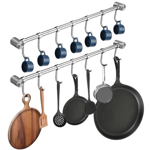 Pot Hangers 16 Inch Wall Mount Or Under Cabinet Hanging Bars With 7 Sliding Hooks Per Rod, 304 Stainless Steel Heavy Duty Pot Rack Kitchen Organizer Utensil Cups Handling Versatile Space Saving