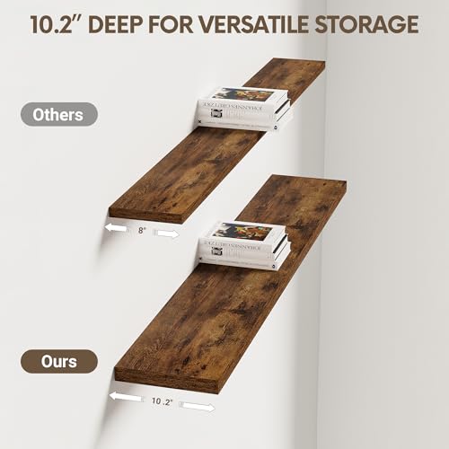 Vivelove 10 Inch Deep Floating Shelves for Wall 48” Set of 2, Rustic Brown - color: Rustic Brown, size: 47.2”wx10.2”dx1.5”h