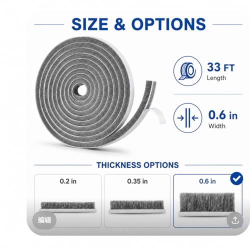 Brush Weather Stripping, 33 Ft, Gray, 0.35" W x 0.6" H - size: 33Feet x 0.6in Brush x 0.35in Backing
