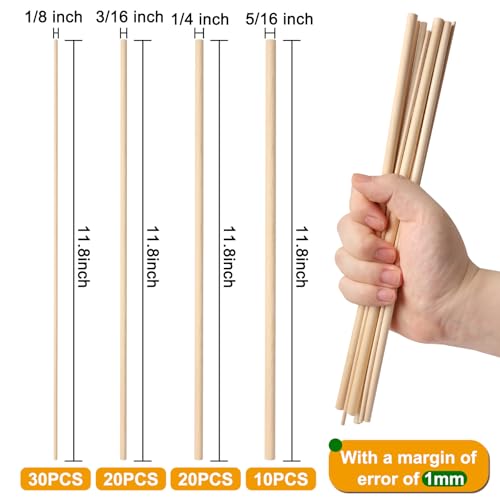 80-Piece Wooden Dowel Rod Set - Assorted Sizes 1/8, 3/16, 1/4, 5/16 x 11.8 Inch Natural Craft Dowel Rods