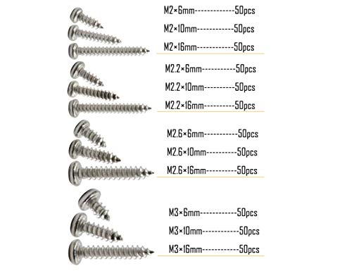 LBY 600pcs M2, M2.2, M2.6, M3 Pan Head Self-Tapping Sheet Metal Screw Assortment Kit, 12 Sizes, 304 Stainless Steel