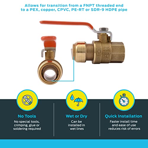 SharkBite 3/4 x 3/4 Inch Ball Valve with FNPT Connector, Push to Connect Brass Plumbing Fitting, PEX Pipe, Copper, CPVC, PE-RT, HDPE, 22186-0000LF - size: 3/4 in. x 3/4 in., style: SharkBite