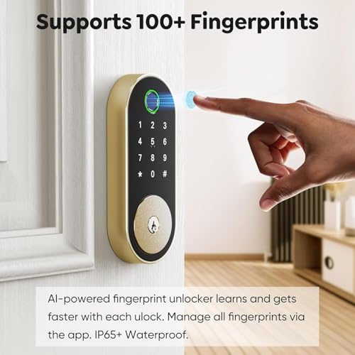 Fingerprint Smart Deadbolt with Keypad – Keyless Entry Lock for Home, Apartment, Office, Airbnb, Rental, Kids & Seniors, App & Code Access, Auto-Lock, Easy DIY Install, Compatible with Alexa & Google - color: Bright Brass
