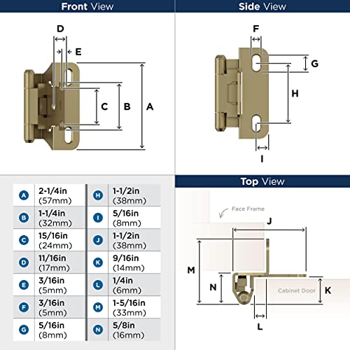 Amerock 1 Pair 1/4" Overlay Golden Champagne Partial Wrap Cabinet Hinge - color: Golden Champagne, size: 1/4 Inch (6 mm) Overlay