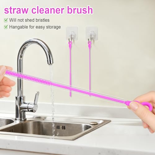 Silicone Straw Cleaner Brush, 4Pcs Reusable Straw Brush Set with Extra-Long Design for Cleaning Thin Metal Straws and Wider Milkshake Straws （6mm+9mm Purple) - color: Purple