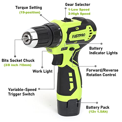 FASTPRO 12V Cordless Drill Set, Home Tool Kit with Bag, Green - color: Green