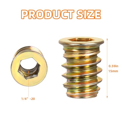 1/4-20 x 15mm Wood Inserts Bolt Furniture Screw in Nut Threaded Fastener Connector Hex Socket Drive for Wood Furniture, 50 PCS - size: 1/4-20 x 15mm