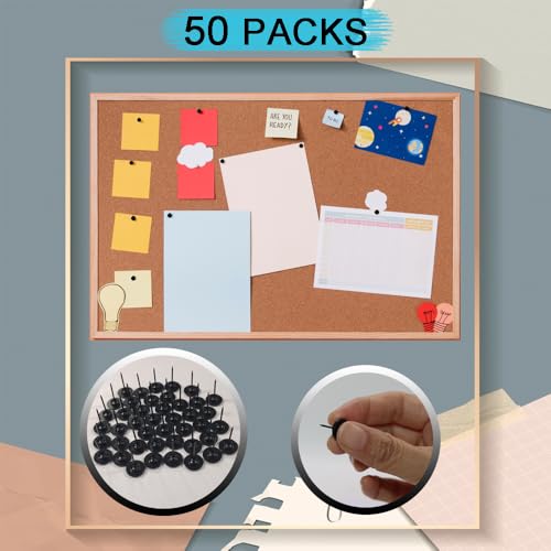 50 Pcs Push Pins for Bulletin Board, Metal Black Thumb Tacks for Picture Photo Hanging, Small Nails Flat Thumbtacks for Drywall Cork Board , Wall Tack Pins for Shadow Box Office Home Decorative - style: Flat Head Black 50pcs