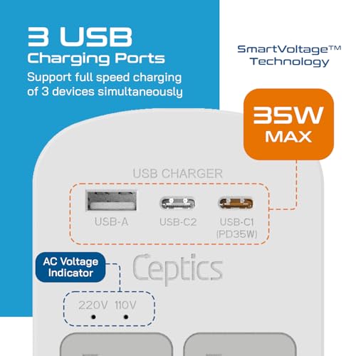 Ceptics 35W Universal Travel Adapter Kit – 2 USA sockets, USB-A, USBC, 1x PD 35W USB-C and USBC Cable, Surge Protected, Plugs for EU, UK, China, AU, Japan - for Laptop, Phone, Camera-ETL Tested - color: Beige