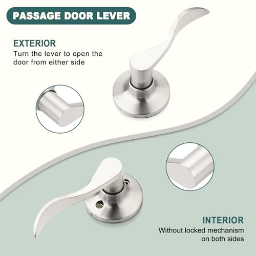 GOBEKOR 4 Pack Passage Door Levers Brushed Nickel Closet Door Handles Keyless Interior Door Handle Lock Wave Reversible Lever Door Handles