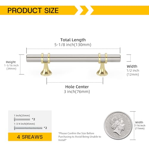 Rergy 10 Pack 3 Inch Hole Center Brushed Nickel and Gold Cabinet Pulls - color: Brushed Nickel&Gold, size: 3in Hole Center(76mm)