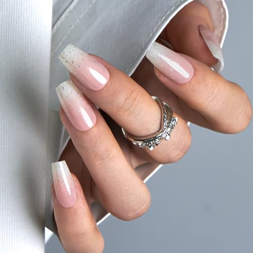 CurvLife Medium Square Ombre Press On Nails, Gradient Nude White, Soft Gel - color: Gradient Nude White
