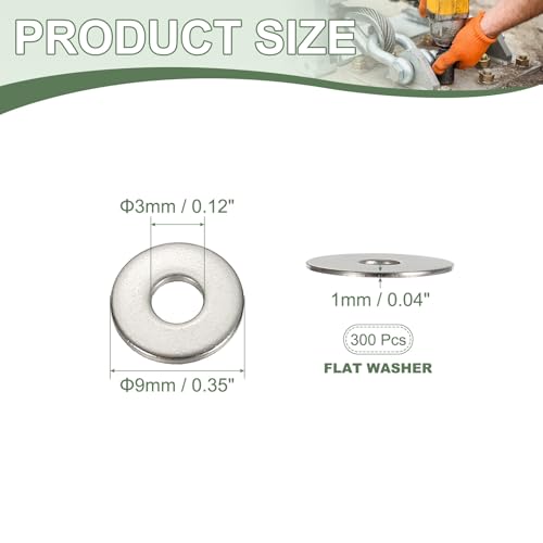 Flat Washers, 304 Stainless Steel Hardware Assorted Washer, 9 x 3 x 1 mm Fit for Bolts Screws Industrial Use (300 Pack, Silver) - size: 9 x 3 x 1 mm
