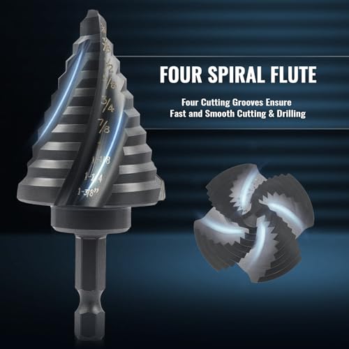 Step Drill Bit Set, 5PCS Four Spiral Flute Step Bits for Metal, 50 Sizes Titanium-Coated HSS Drill Bits with 1/4" Hex Shank for Stainless Steel Aluminum Wood Plastic