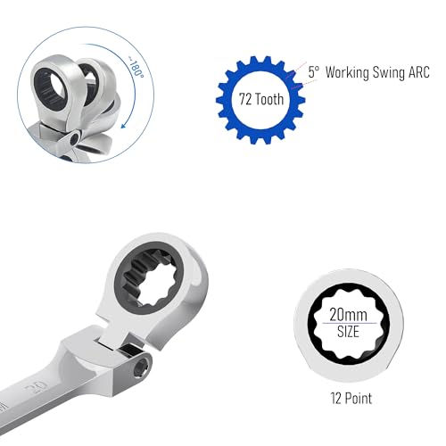 20mm Flex-Head Ratcheting Combination Wrench, 20mm Metric - size: 20mm