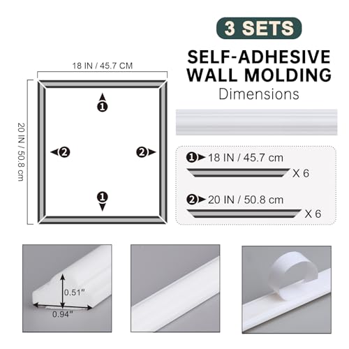 Melkus Peel and Stick Wall Molding Kit, 3 Sets 18“x20" Precut Wainscoting Panels, Self Adhesive Molding Trims for Interior Wall Décor - size: 3 Set/18"x20"
