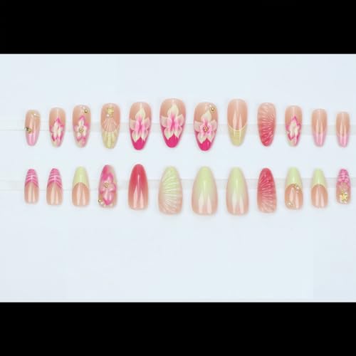 Summer Press On Nails Short Almond French Tip 3D Flower Gold Rhinestone - color: Style25