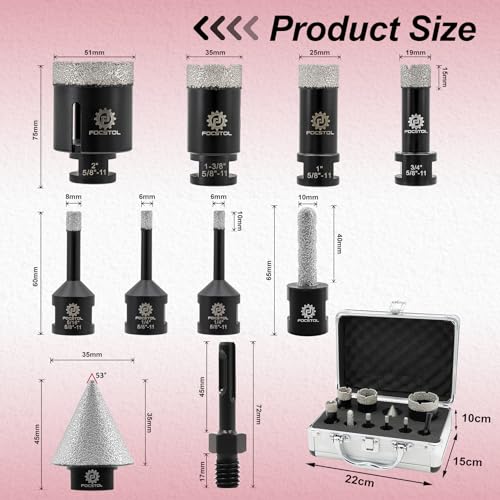 Diamond Core Drill Bit Set - FOCSTOL 10pcs (6/6/8/19/25/35/51mm+10mm Finger Bit+35mm Beveling Chamfer Bit+SDS Adapter) Diamond Hole Saw Kit for Porcelain Ceramic Tile Marble Granite - size: KIT2