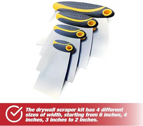 4-Piece Set of Stainless Steel Body Filler and Putty Spreaders/Scraper Set with Handles - Sizes: 2", 3", 4" and 6" | Repairing Drywall, Removing Wallpaper, Applying Putty, Plaster, Cement, Adhesive