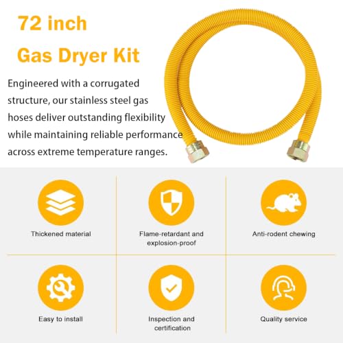 72" Flexible Gas Line Kit for Dryer/Stove,5/8" OD x 3/4" & 1/2" Connectors - size: 72 inch 1pcs