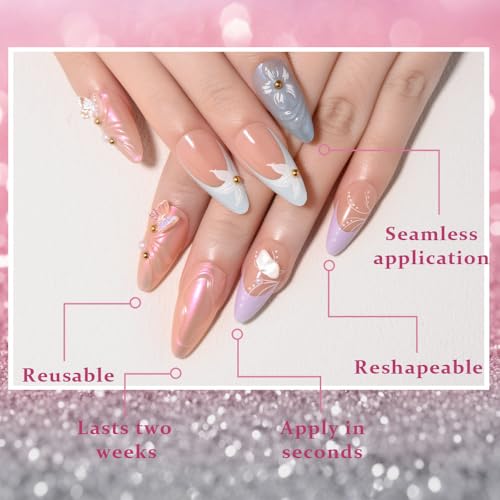3D Flower Butterfly Press On Nails, Medium Length Almond Blue Pink Floral Pearl French Tip, Cute Charms Designer Reusable Acrylic Fake Nails, Spring Summer Daily Wear for Women - color: LF-3267, size: 24 Pieces (Pack of 1)