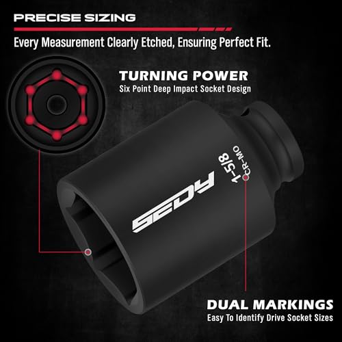 SAE Deep Impact Socket Set 8-Piece 1/2-inch Drive Wheel Axle Nut Wrench Large Sockets Standard Adapter 1-11/16 1-9/16 1-3/8 1-7/16 1-1/2 1-5/8 1-3/4 Imperial Spindle Joint Torque Bearing Locknut Truck - style: 1/2" | 8-Piece SAE Jumbo