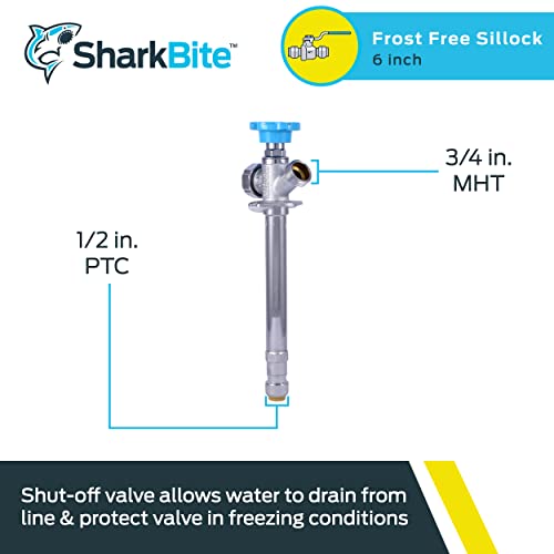SharkBite 6 Inch Frost Free Sillcock, 1/2 x 3/4 Inch MHT, Push to Connect Brass Plumbing Fitting, PEX Pipe, Copper, CPVC, PE-RT, HDPE, 25744LF - size: 6 in.