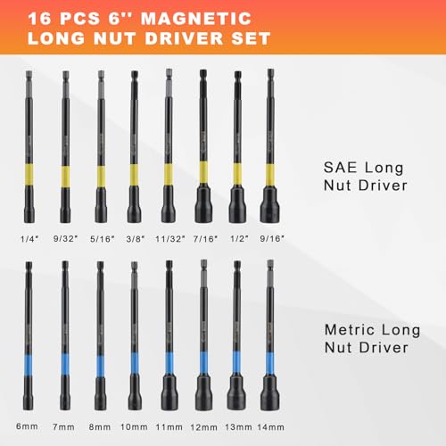 AEROFORCE 16PCS Magnetic Nut Driver Set for Impact Drill, 6 Inch Extra Long Nut Drivers with Sturdy Tool Box, SAE/Metric 1/4" Hex Shank Socket Set for Drill, DIY and Repair Car - size: 16PCS Long Magnetic Nut Driver Set