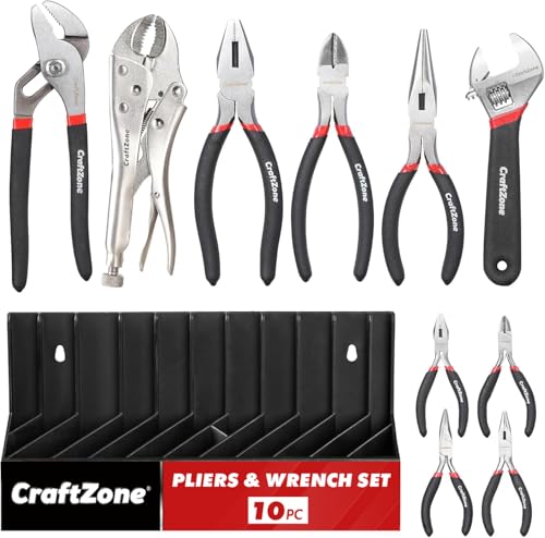 10PC Pliers and Wrench Set with Storage Rack – Includes Channel Lock | Long Needle Nose | Diagonal Cutter | Groove Joint | Linesman & Mini Plier, Carbon Steel Tool Kit for DIY and Home a Gift for Man - size: 10pc