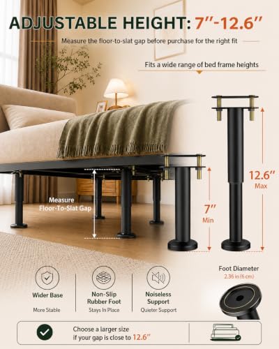 6 Pcs Adjustable Height Bed Support Legs, 7-12.6 Inch Metal Under Bed Frame Support Legs, Extra Sturdy Bed Legs Replacement Parts with Rubber Non-Slip Base for King Queen Frame Wooden Center Slat - size: 7'' - 12.6'' 6pcs