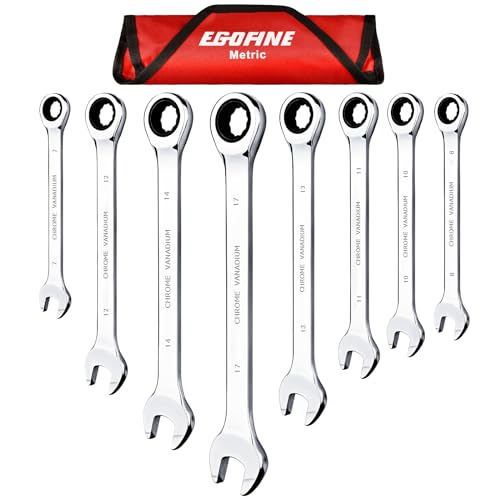 Egofine 8-Piece Ratcheting Wrench Set, Cr-V Steel Mertic Wrench Set from 7mm to 17mm wrench, 72 Teeth Ratchet Wrench, 12 Point Open End & Box End Combination wrench set with Roll Up Pouch - size: Metric-8 piece set