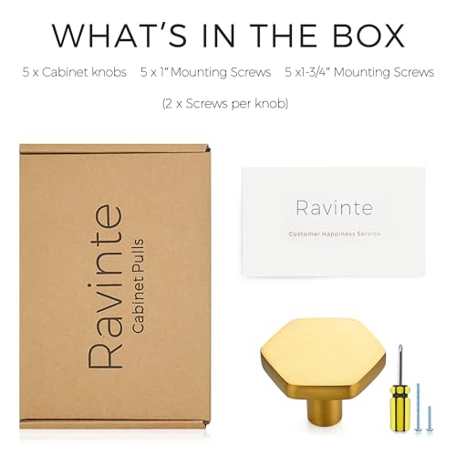 Ravinte Brushed Brass Solid Knobs Gold Kitchen Cabinet Pulls,5 Pack,Round-7 - style: Modern