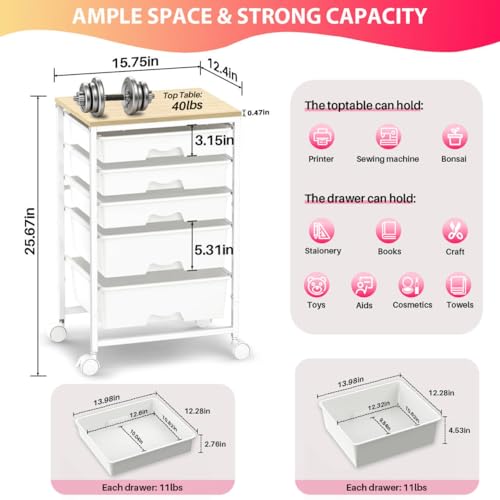Goovilla Rolling Cart with 5 Drawers for Craft, Art, Dorm, Office, White - size: White