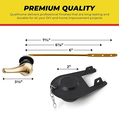 Qualihome Front Mount Brass Polished Gold Toilet Handle Replacement Kit with 2 Inch Universal Toilet Flapper Replacement Kit and Stainless Steel Toilet Flapper Chain - color: Brass Polished
