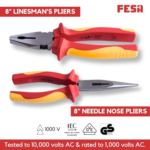 FESA Electrician Insulated Pliers Set - 1000V 5-Piece Professional Electrician Pliers Set with Chrome Vanadium (CR-V) Jaws & Soft-Grip Traction Handles - 1000V Insulated Tools for Electricians