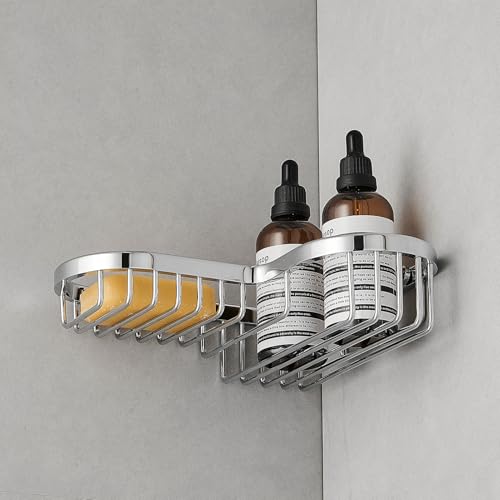 Chrome Shower Caddy Basket, Corner Soap Holder, Solid Brass Wire Basket Shelf for Inside Shower, Wall Mounted Bathroom Soap Dish in Polished Chrome - color: Chrome