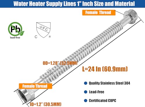 WHK 24-Inch Water Heater 1" FIP Flexible Hose Connector,2 Pack