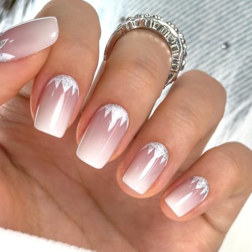 CurvLife Short Square Floral Shimmer Press On Nails, Crystal Bloom Pink - color: Crystal Bloom Light