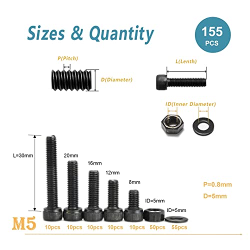 Kadrick Metric Screws Assortment,155 Pcs M5 Screw Kit,Hex Socket Head Cap Bolts, M5*8mm/12mm/16mm/20mm/30mm Screws Nuts and Washers, 12.9 Grade Alloy Steel,Black Zinc Plated,Anti Rust Upgrade - size: M5 155Pcs