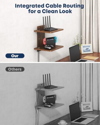 Floating TV Projector Shelf Wall Mount - 2 Tier Wooden Shelf, Walnut Brown - size: 2-Tier Shelf