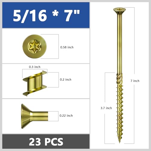 Wensilon 5/16 * 7" Yellow Zinc Deck Screws, (23pcs) 2 lbs.Exterior Wood Screws, Bronze, Star Bit - color: Yellow, size: 5/16*7"