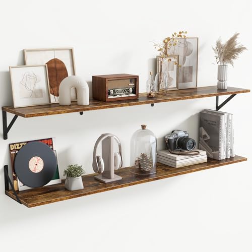 55" Long Wall Mounted Floating Shelves,8 inch Deep Floating Shelf with Metal Brackets Set of 2,Easy-to-Install Wall Decor Storage Ledges for Living Room,Bathroom,Bedroom,Kitchen,Office,Rustic Brown - color: Rustic Brown, size: 55"Wx8"D-2pcs