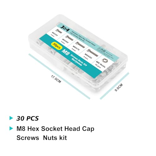 30PCS M8 x 50mm 60mm 70mm 80mm, Hex Socket Head Cap Screws Bolts Nuts Kit, Stainless Steel 304, Metric Allen Drive, Fully Threaded - size: Socket M8x50/60/70/80mm