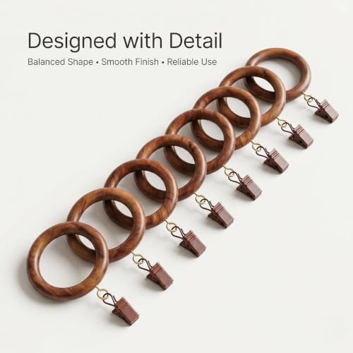50 Pieces Natural Rosewood Wooden Curtain Rod Rings with Clips | 2 Inch Outer Diameter, 1.25 Inch Inner Dia | Fits 1 Inch Rod | Drapery Curtain Rings - size: 1.25 INCH Inner Dia