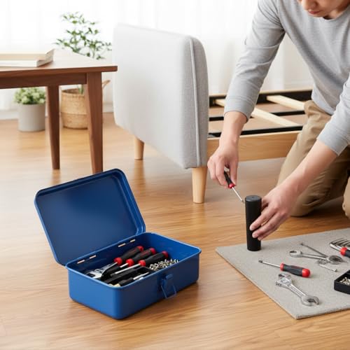 Housoutil Portable Tool Box Repair Tool Storage Container General Tool Box Hardware Case Craft Storage Toolbox for Tools Metal Tool Boxes Hand Carry Blue
