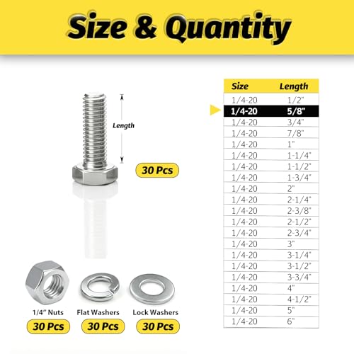 30 Sets 3/8-16x5 Bolt and Nut Set, Flat & Lock Washers Included,120PCS | 304 Stainless Steel 3/8-16 Bolt, Precision Fasteners Mechanical Assembly Equipment Repair & DIY - size: 1/4-20x5/8" 30sets