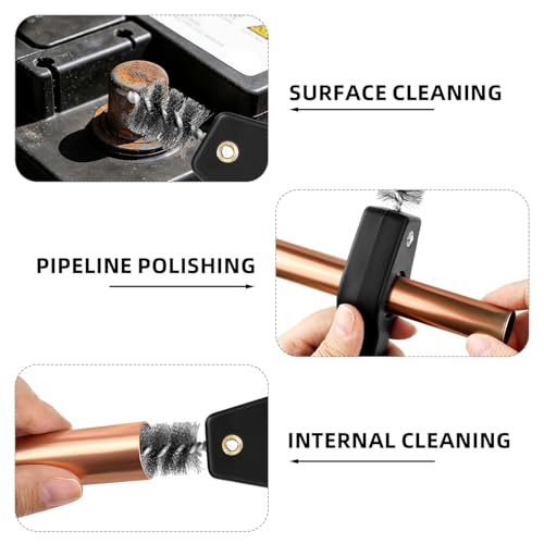 1 Pcs Black Stainless Steel 4 in 1 Copper Tubing Brush Copper Pipe Cleaner Car Battery Cleaning Brush 1/2 in and 3/4 in Cleaning Inside and Outside Thread for Soldering, Plumbing Installation