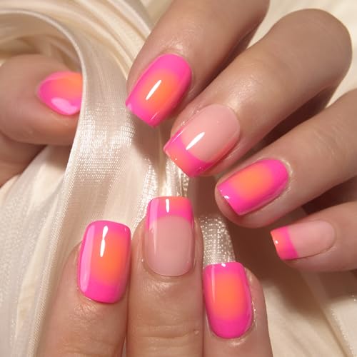 CurvLife Medium Square Chrome Press On Nails, Neon Hot Pink, Soft Gel - color: French nails