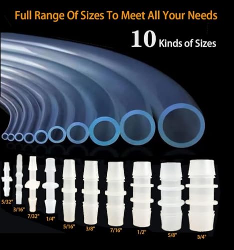 50Pcs Plastic Hose Barb Fittings Assortment, 10 Sizes of Equal Barbed Hose Pipe Fitting Connector Adapter Union Splicer Joint for Air Gas Water Liquid Fuel Line Catheter Tube Pump Adapters